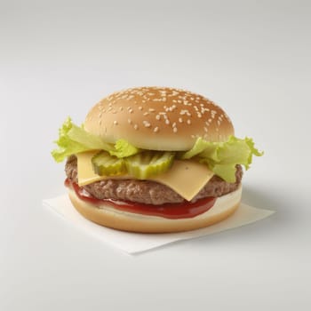 Hamburger with cheese and lettuce on white background (ID: 001303)