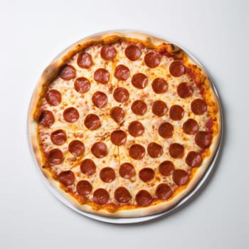 Pizza with pepperoni on a white background - top view (ID: 001305)