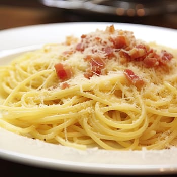 Spaghetti Carbonara with bacon and parmesan cheese on white plate (ID: 001308)