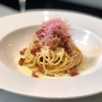 Spaghetti Carbonara with bacon and parmesan on white plate (ID: 001311)