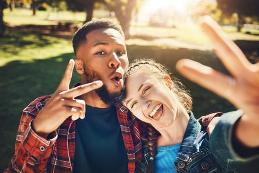 Couple smile, selfie peace sign and portrait outdoors, laughing at funny joke and bonding in nature. Diversity, love romance and black man and woman with v hand emoji to take photo for happy memory