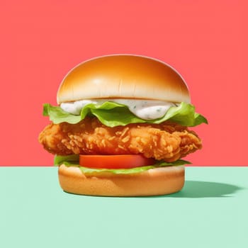 Burger with chicken and vegetables on color background (ID: 001317)