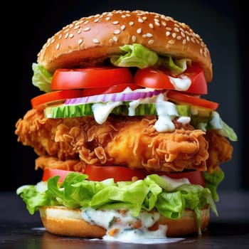 Chicken burger with fresh vegetables and mayonnaise on black background (ID: 001318)