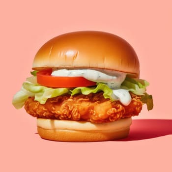 Burger with fried chicken, lettuce, tomato, and sauce on pink background (ID: 001319)