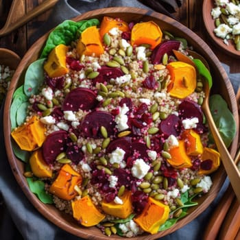Vegan quinoa salad with beetroot, pumpkin, pumpkin seeds, and feta cheese (ID: 001333)