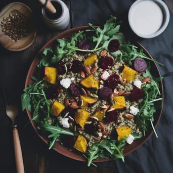 Pumpkin quinoa salad with arugula, beetroot, feta cheese, and balsamic vinegar dressing (ID: 001335)