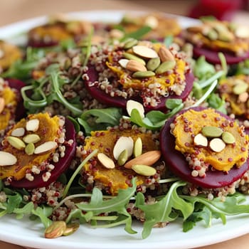 Healthy salad with quinoa, beetroot, pumpkin, and almonds (ID: 001336)