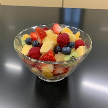 Fruit salad in a glass bowl on a kitchen countertop (ID: 001345)