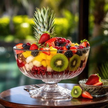 Fruit salad in a glass bowl with fresh fruits and berries (ID: 001346)