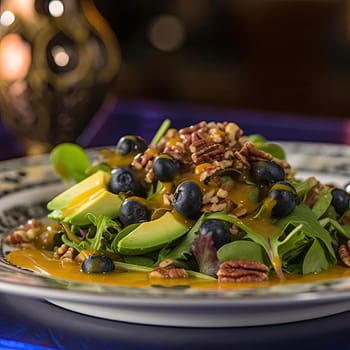 Healthy salad with avocado, blueberries, walnuts, and arugula (ID: 001347)