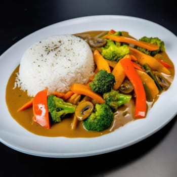 Stir fried vegetables with curry and rice in white plate on black background (ID: 001356)