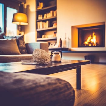 Cozy living room with fireplace and wooden table (ID: 001360)