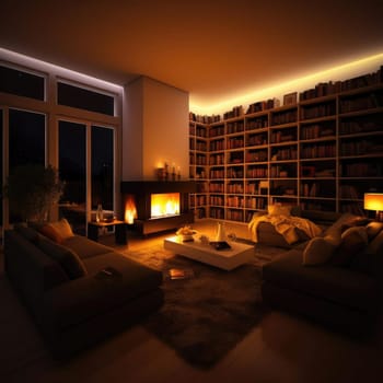 Interior of a living room with fireplace and bookshelf at night (ID: 001362)