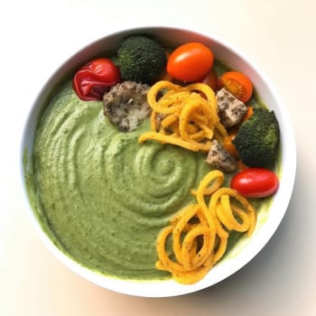 A bowl of spinach cream soup garnished with cherry tomatoes and onions (ID: 001364)