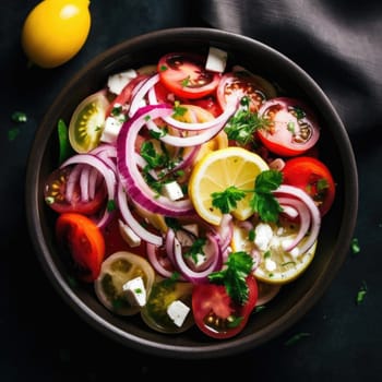 Tomato and onion salad with tzatziki served in a bowl (ID: 001367)