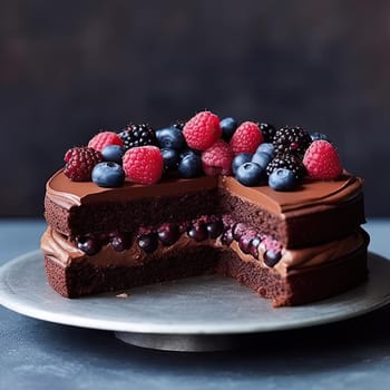 Chocolate cake with fresh berries on a dark background, selective focus (ID: 001374)