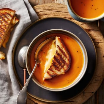 Soup with cream and bread on a wooden background - top view (ID: 001380)