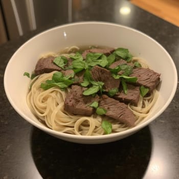 Noodles with beef and herbs in a bowl on the table (ID: 001381)