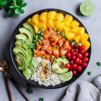 Hawaiian poke bowl with mango, avocado, cucumber, radish, and avocado (ID: 001385)