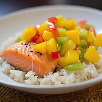 Salmon and mango salad with rice on white plate, selective focus (ID: 001386)