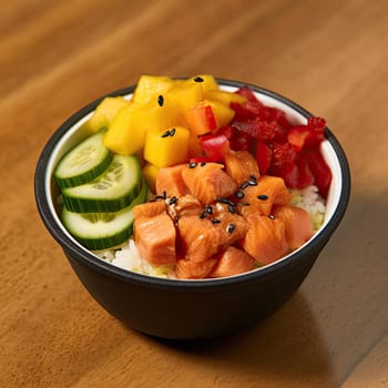 Hawaiian salmon poke bowl with rice, mango, cucumber, and sesame seeds (ID: 001387)