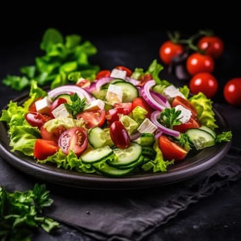 Fresh salad with tomato, cucumber, onion, and feta cheese (ID: 001388)