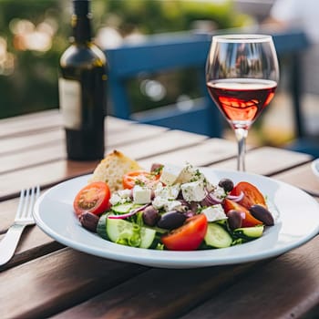 Greek salad with feta cheese, tomato, cucumber, and olives (ID: 001389)