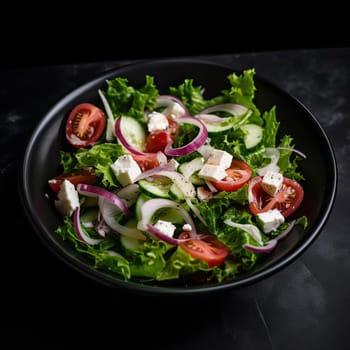 Fresh vegetable salad with feta cheese and tomato in black bowl on black background (ID: 001390)