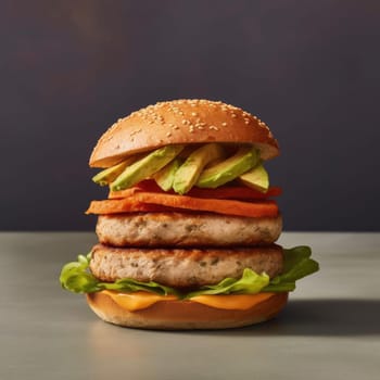 Hamburger with fresh vegetables on grey background (ID: 001392)