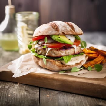 Vegetarian burger with vegetables and arugula on wooden background (ID: 001393)