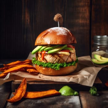 Hamburger with grilled chicken, avocado, and sweet potato on wooden background (ID: 001395)