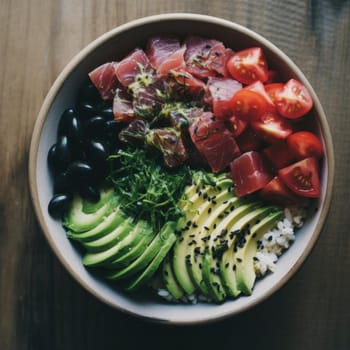 Tuna poke bowl with avocado, tomato, black sesame, and cucumber (ID: 001405)