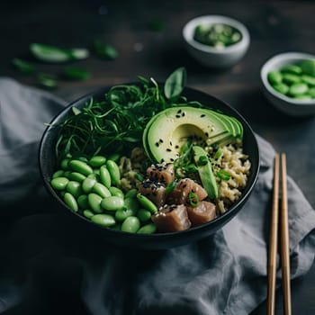 Bowl of poke bowl with salmon, avocado, and green beans on dark wooden background (ID: 001406)