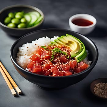 Hawaiian salmon poke bowl with rice, avocado, sesame seeds and soy sauce on a dark background (ID: 001407)