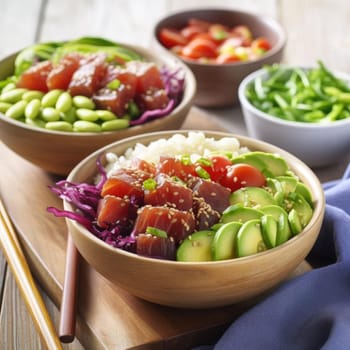 Hawaiian poke bowl with salmon, avocado, rice, and vegetables (ID: 001408)