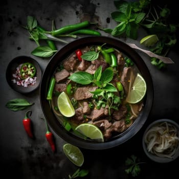 Thai style spicy beef soup with lime and herbs on dark background (ID: 001413)