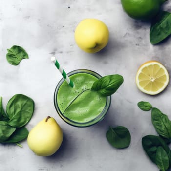 Green smoothie with pears, lemons, and basil leaves (ID: 001414)