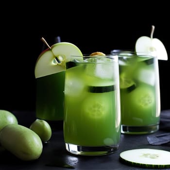 Green apple juice with ice and fresh apples on a black background (ID: 001416)
