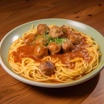 Spaghetti with meatballs and tomato sauce in a plate on a wooden table (ID: 001420)