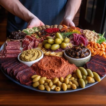 Chef holding a plate with salami, olives, cheese, and pickles (ID: 001426)
