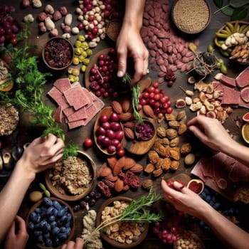 Healthy food selection on wooden background - top view, flat lay (ID: 001428)