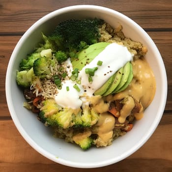 Healthy bowl with quinoa, avocado, mushrooms, and sour cream (ID: 001442)