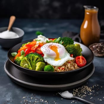 Bowl of quinoa with vegetables and fried egg on dark background (ID: 001444)