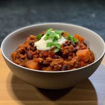 Chili in a bowl with sour cream on dark background (ID: 001446)