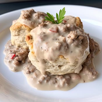 Scones with meat and cream sauce on a white plate (ID: 001449)