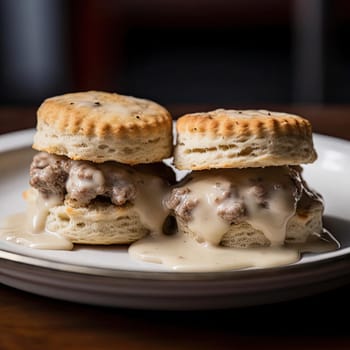 Scones with beef and cream sauce on a white plate (ID: 001450)