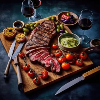 Grilled steak with vegetables and glass of red wine on dark background (ID: 001457)