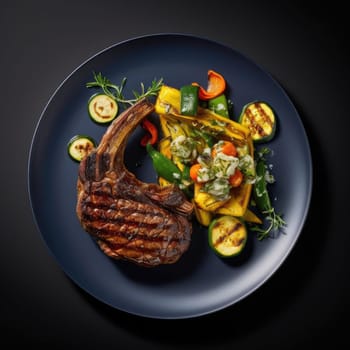 Grilled beef steak with vegetables on a dark background - top view (ID: 001458)