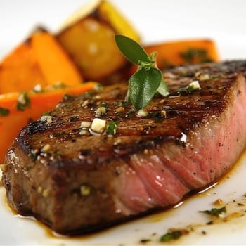 Grilled steak with potatoes, carrots, and herbs (ID: 001459)