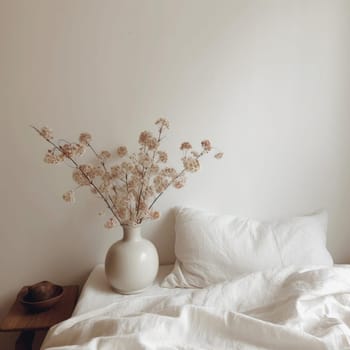 White flowers in vase on the bed - minimal style (ID: 001480)
